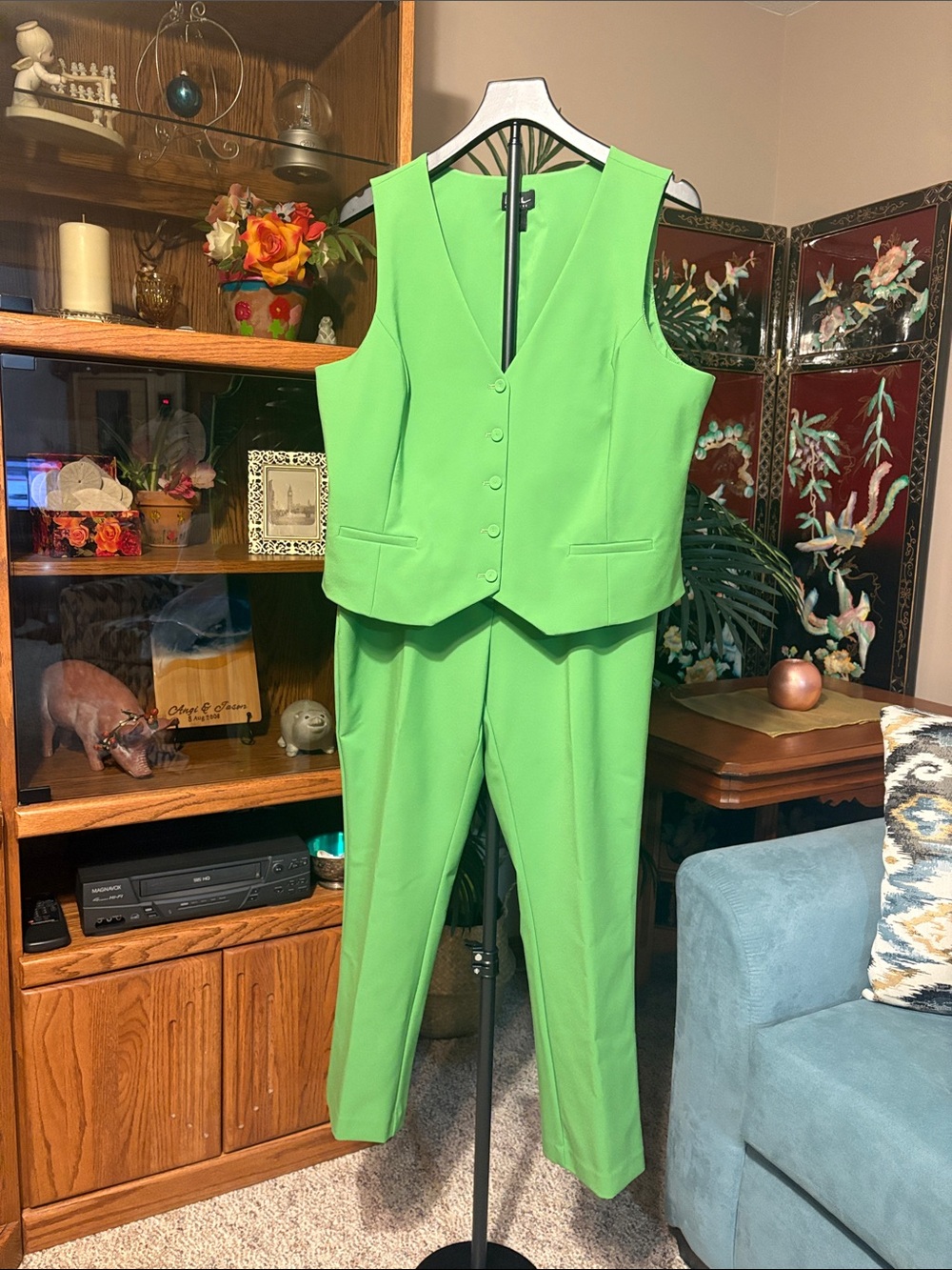 Nicole Miller V-Neck Bright Lime Green Vest and Pants Set